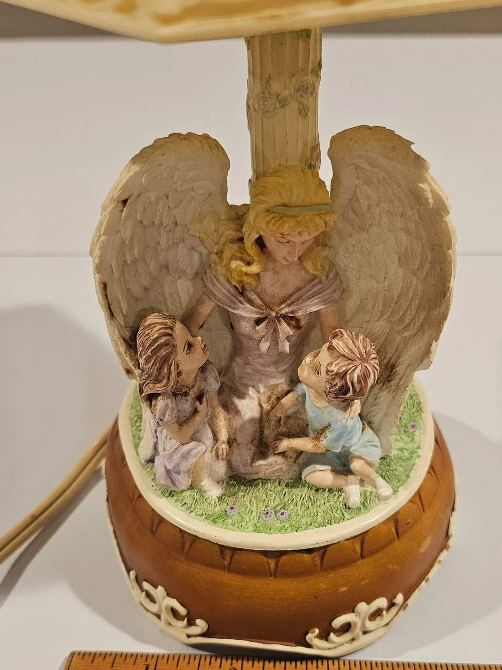 Vintage Guardian Angel Watching Over Children Table Lamp in Cream and Brown.